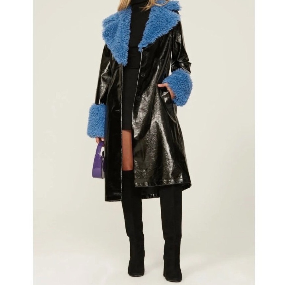 Love Whit Faux Leather Trench Coat Black Blue Fur Trim Long Jacket statement f5